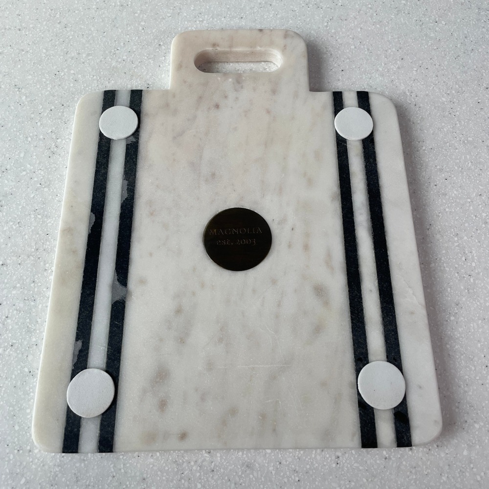 Magnolia Home White Marble Cheese Board Black Stripes Inlay Handle Serving Tray - Picture 3 of 7